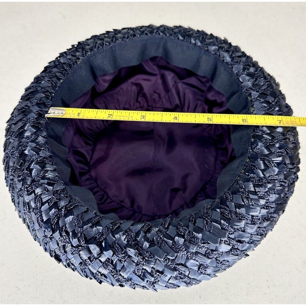 Vintage braided straw 1960’s Ribbon Navy Blue Womens Bowler Clouche‎ Hat - Picture 6 of 7